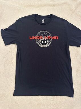 Under Armour Black Short-Sleeve Hoop Logo Tee with Red Text
